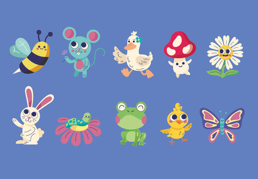 Colorful Spring Animals Cute Illustrations Set