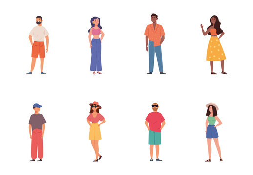 Colorful Spring Summer People Characters Illustrations Set