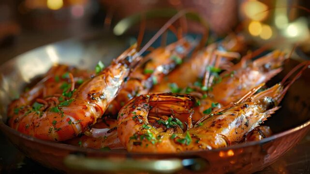 A mouthwatering appetizer featuring succulent shrimp cooked in a savory pan. Perfect for any seafood lover's palate.