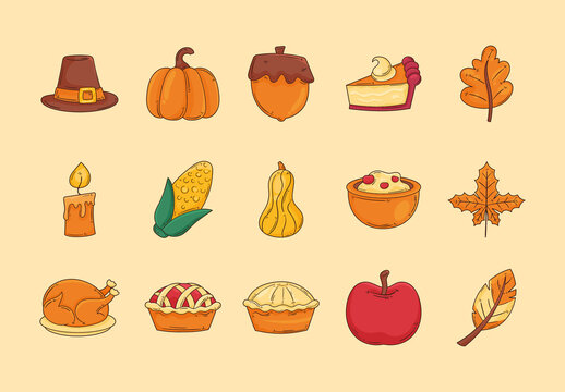 Orange And Brown Thanksgiving Cartoon holiday Illustrations Set