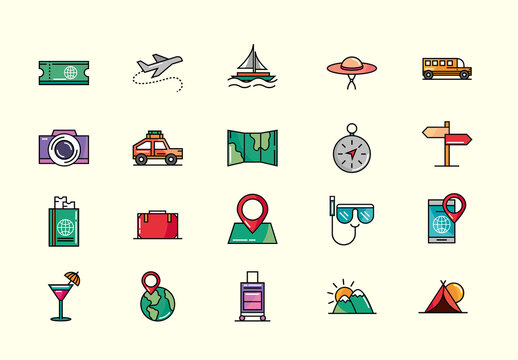 Colorful Tourism Travel Vacation Illustrations Set