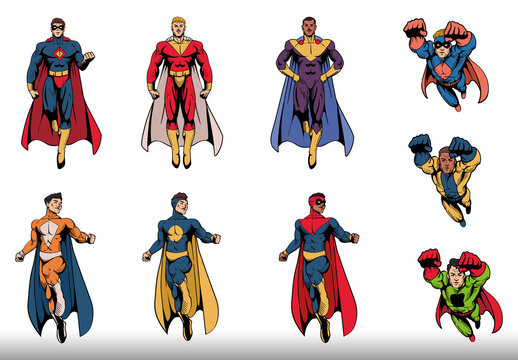 Colorful Superhero Pop Art Comic Illustrations Set