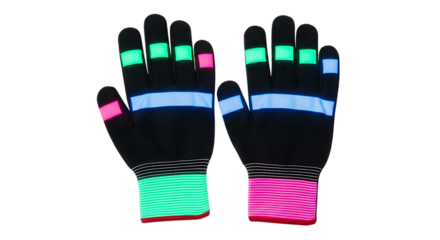 Pair of colorful led gloves isolated on transparent background for party fun