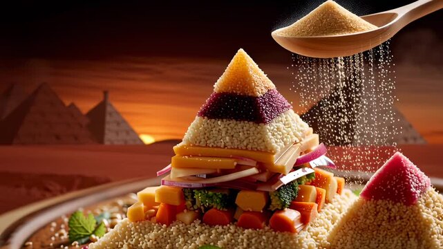 Pyramid made of couscous and fresh vegetables is garnished with spices in warm light. Rich, inviting display on wooden surface. Concept of culinary arts, healthy eating, restaurant presentation