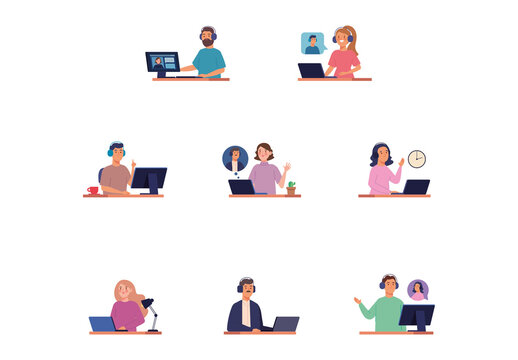 Colorful Online Meeting People Character Illustrations Set