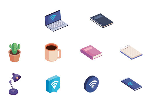 Colorful Work From Home Office WiFi Icons Set