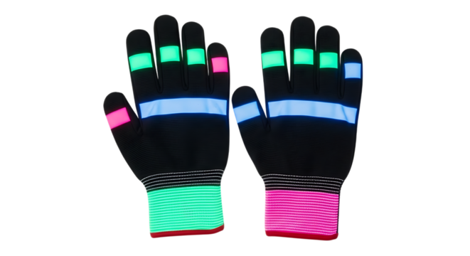Pair of colorful led gloves isolated on transparent background for party fun