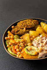 A hearty breakfast features baked sweet potato with carrots and zucchini, chicken breast, lentil cutlets, and kiwi for dessert perfect for a nutritious start