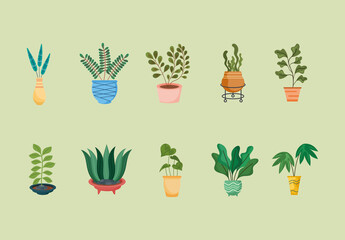 Green Plants Potted Nature Decorative Illustrations Set
