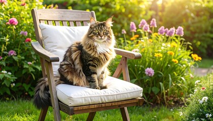 Fluffy cat sits in a garden chair bathed in sunlight