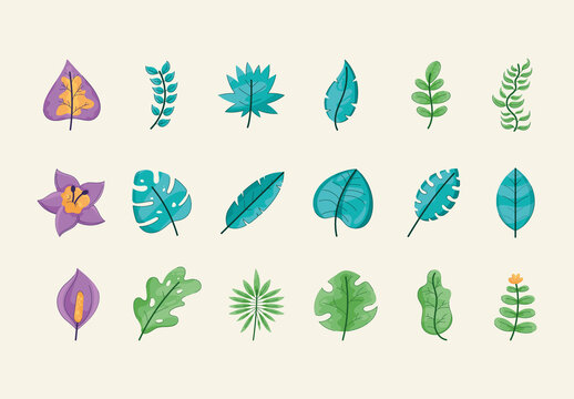 Green Leaves Tropical Plants Illustrations Set