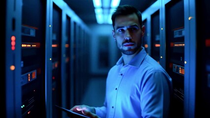 Technician analyzing data on a tablet in a dimly lit server room surrounded by technology