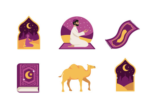 Purple And Yellow Umrah Muslim Mosque Prayer Illustrations Set
