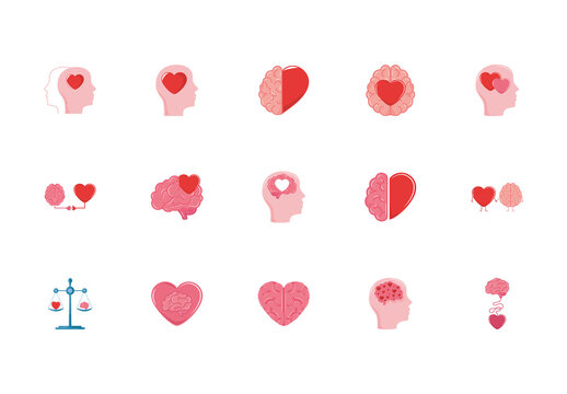 Colorful Brain Heart Emotion Psychology Illustrations Set