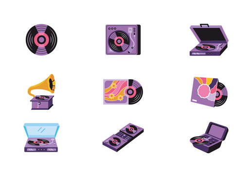 Purple And Yellow Vinyl Turntable Retro Music DJ Icons Set