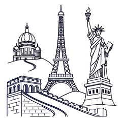 Obraz premium World landmarks line art eiffel tower, statue of liberty, capitol building, and great wall of china are included in this illustration