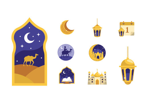 Yellow And Purple Ramadan Mosque Quran Illustrations Set
