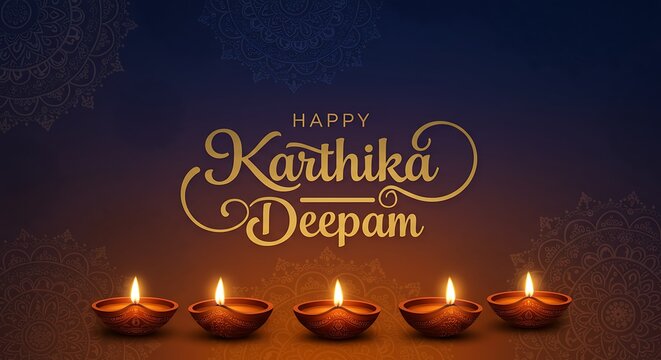 Glowing earthen oil lamps in a row for the Hindu festival of lights celebration, Karthigai Deepam, on a dark ornate background