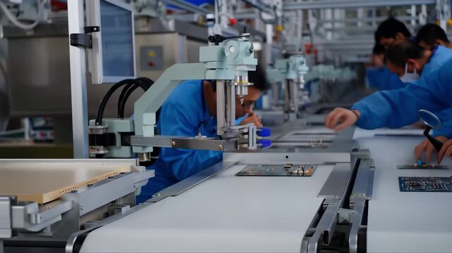 Technicians in blue lab coats assemble and inspect circuit boards on a high-tech production line inside a modern factory.