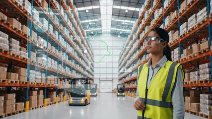 Warehouse Management System: Real-Time Data Analysis - A female warehouse worker interacts with a transparent holographic display showing real-time inventory data and analysis. - Powered by Adobe