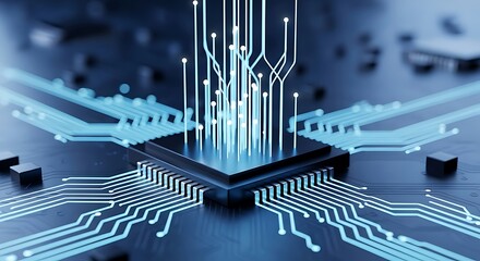 Glowing Blue Circuit Board Technology with Central Processor and Data Streams