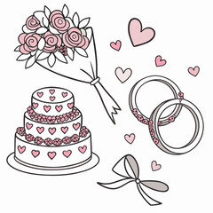 A charming collection of wedding elements including a tiered cake a bouquet of pink roses intertwined rings and hearts perfect for invitations and decorations