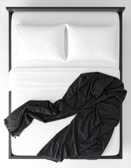 Overhead view of a bed with white sheets and a dark gray blanket