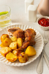 A delicious meal featuring baked rabbit and golden roasted potatoes is served on a round, ridged plate. Accompanying the dish is a glass of water with lemon slices, a small bowl of ketchup