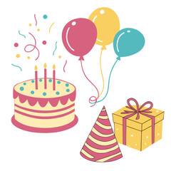Festive birthday celebration with a delicious cake adorned with candles colorful balloons floating a party hat and a beautifully wrapped gift box with a ribbon bow all surrounded by confetti