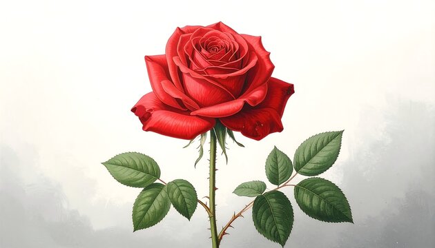 A vibrant, digitally rendered red rose in full bloom, centered on a stem with green leaves and thorns against a softly blurred, grey gradient background