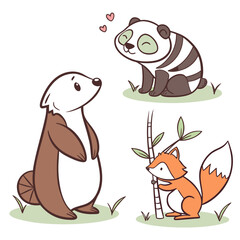 Adorable cartoon illustration of a friendly badger looking up at a happy panda with hearts above its head and a cute fox holding bamboo