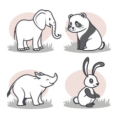 Cute cartoon illustration of four different animals including an elephant panda rhinoceros and rabbit in a simple line art style with pastel backgrounds