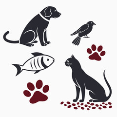 Collection of stylized silhouettes representing common pets and their food including a dog cat bird fish and paw prints on a white background