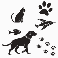 Collection of black silhouette icons representing common domestic pets including a cat dog fish bird and paw prints on a white background