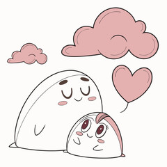 Cute cartoon cloud and animal with heart balloon, vector illustration for kids, love, friendship, pink and white, sweet