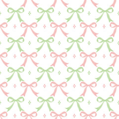 Cute coquette vector seamless pattern pink ribbon bow background. Pink green white preppy feminine romantic backdrop for textile, fabric, wallpaper, wrapping. Geometric repeat baby girl shower