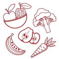 A vibrant collection of healthy food icons featuring a bowl of apples a bunch of broccoli a banana sliced pears and a carrot in a simple line art style