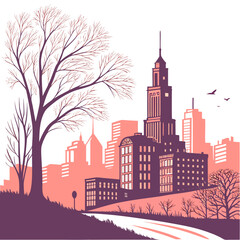 Obraz premium Stylized graphic illustration of a city skyline with bare trees in the foreground and a winding road leading towards buildings under a white sky