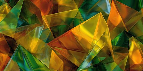 Wide format abstract design with geometric glass shapes in vibrant tropical colors (orange, yellow, and green), reflective depth, photorealistic studio light effect