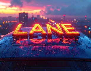 Illuminated "LANE" sign on a car roof at sunset