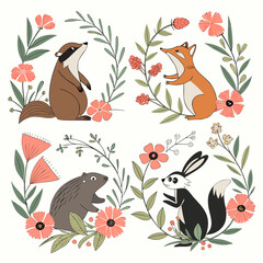 Delightful woodland friends gathered amidst a charming floral wreath, featuring a raccoon, fox, beaver, and hare surrounded by flowers and leaves