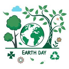 Illustration promoting earth day with a globe, trees, and recycle symbol, emphasizing environmental awareness and sustainability with a positive message