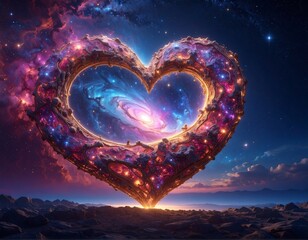 Heart-shaped cosmic structure in a starry night sky
