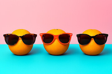 "Playful Oranges with Sunglasses on Vibrant Pink and Blue Background"