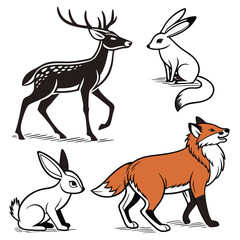 Stylized woodland animals collection featuring a black deer two white rabbits and an orange fox in a minimalist graphic design