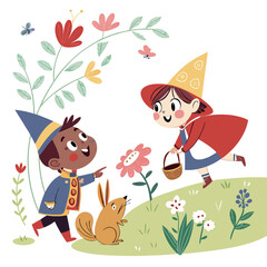 Naklejka premium Hansel and gretel in the forest with a rabbit, surrounded by flowers and plants, a whimsical illustration