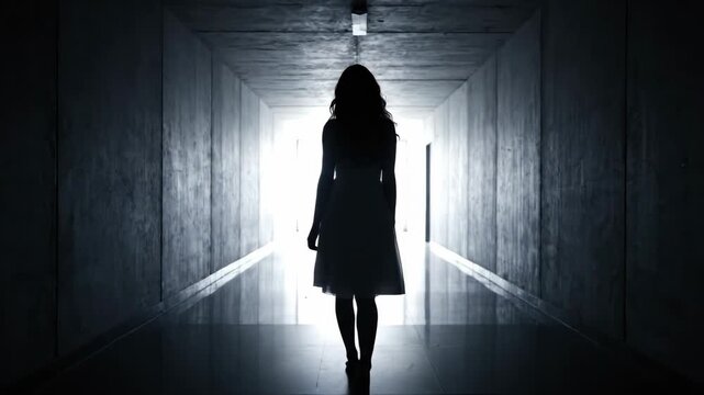 Woman Walking Towards Light in Dark Corridor - A silhouetted woman in a dress walks down a long, dark corridor toward a bright light at the end.
