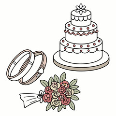 A charming hand drawn illustration of wedding rings a beautiful tiered cake and a bouquet of roses on a white background