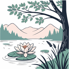 Serene landscape featuring a delicate water lily floating on calm lake water with distant mountains and trees under a large tree branch © Forida