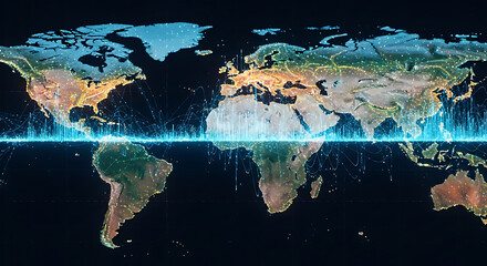 A detailed world map illuminated with network connections and a central blue data stream overlay
